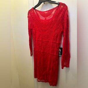 Express Vibrant Red Lace Long Sleeve Dress